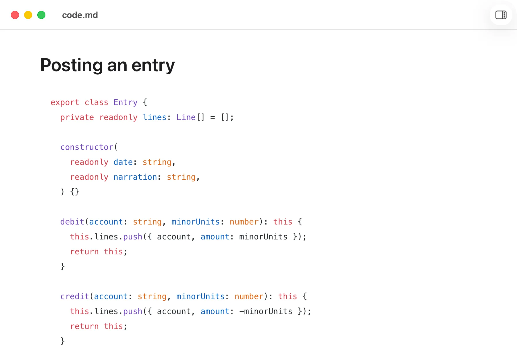 A syntax-highlighted TypeScript block rendered in MDView