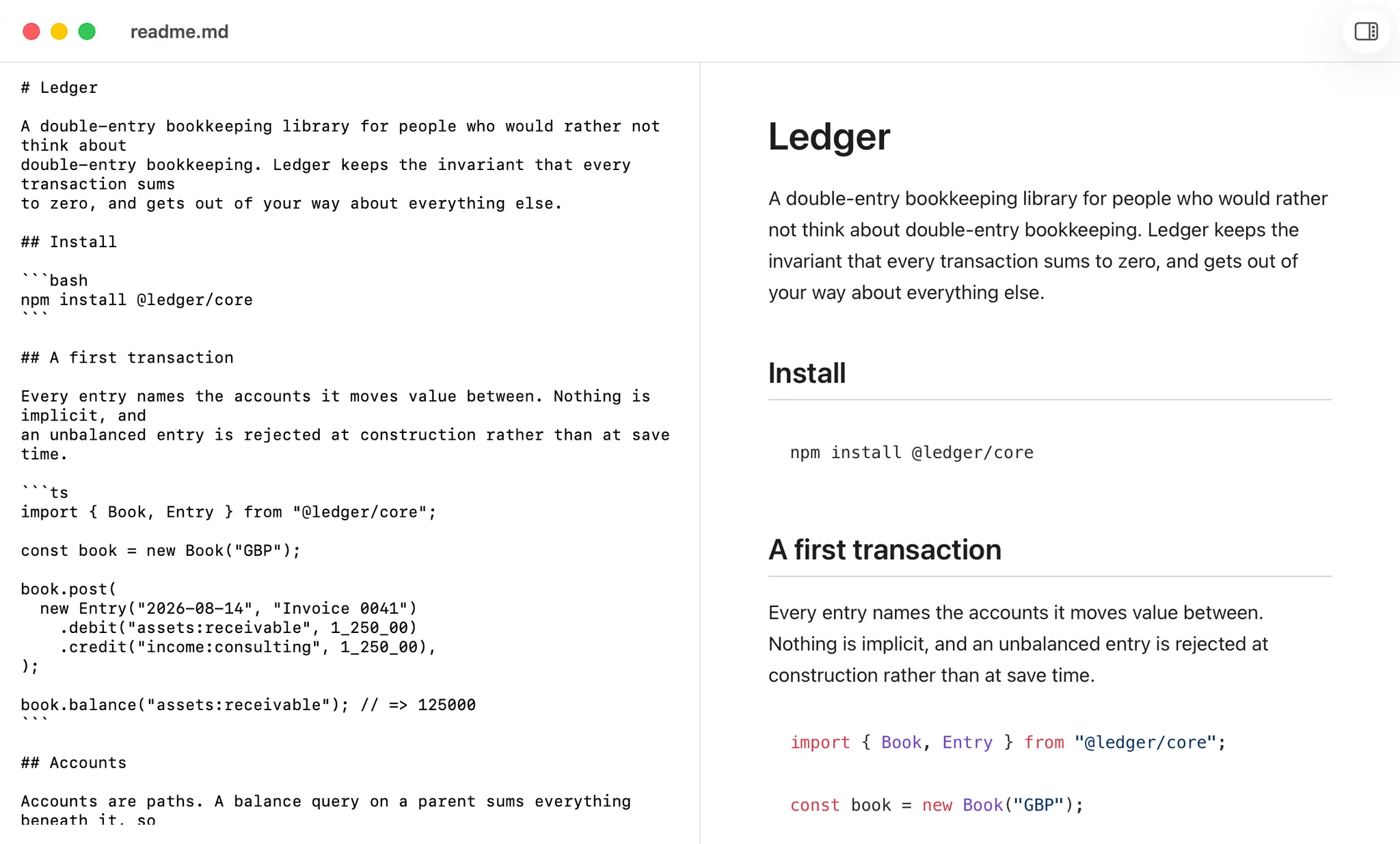 A README rendered in MDView beside its markdown source